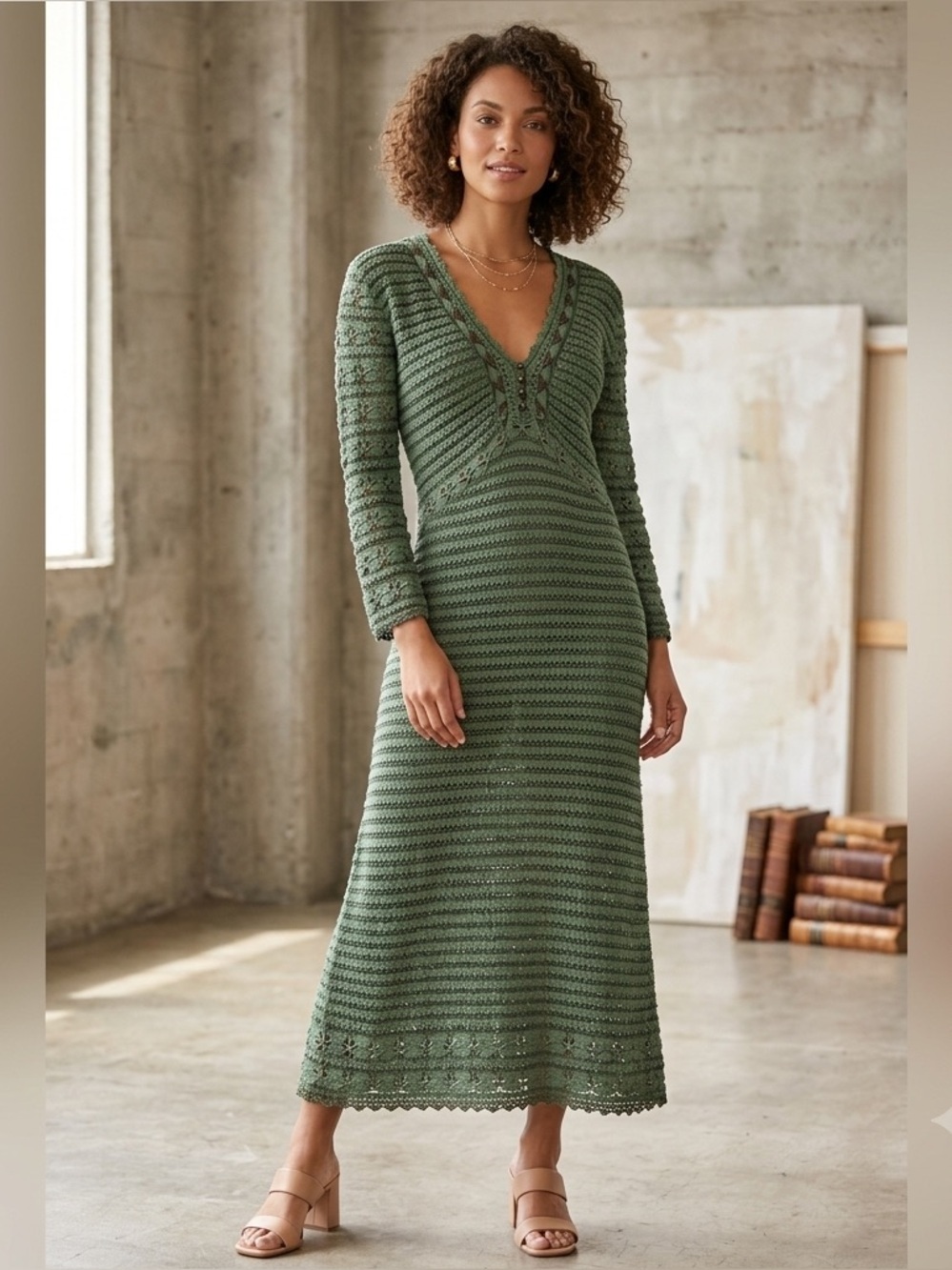 Y2k Boston Proper Crochet Knit Midi Dress M 3/4 Sleeve Green baBydoll Festival